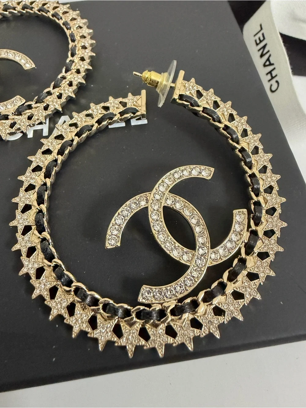 CHANEL Crystal CC Star-Edged Hoop Earrings